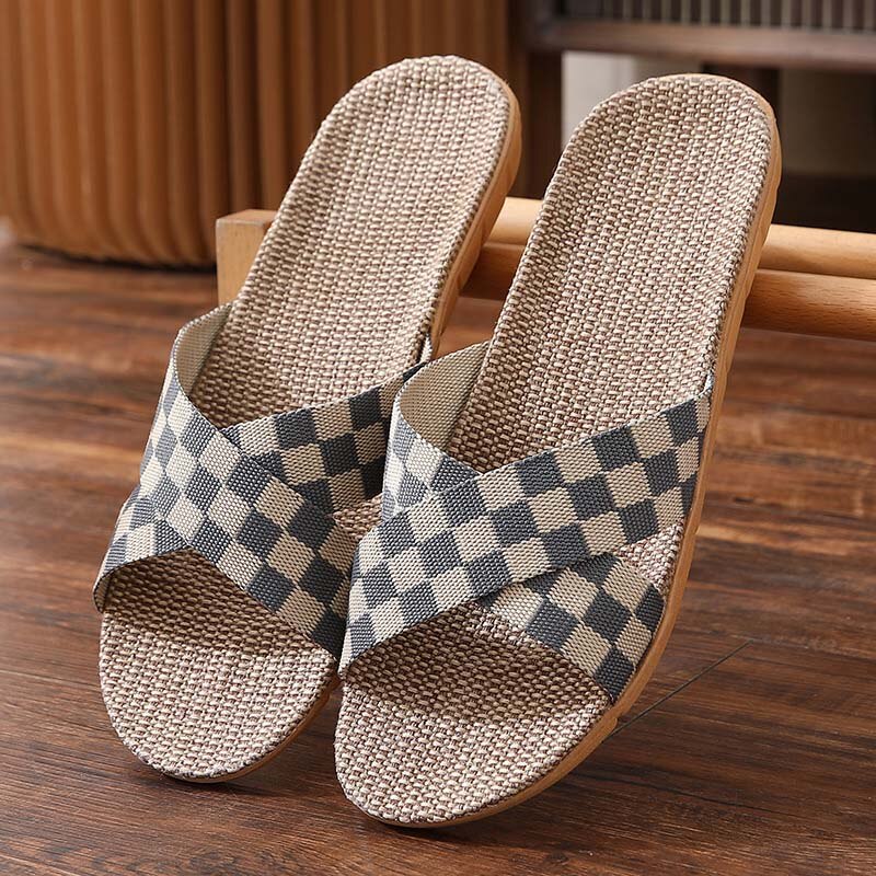 jinran New Checkerboard Linen Slippers Women 2022 Summer Indoor Home Shoes Household Non-slip Couple Four Seasons Men's Sandals Y