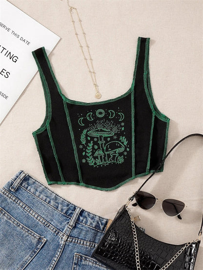 jinran Gothic Grunge Print Crop Tank Top for Women Summer Sleeveless Topstitching Patchwork Asymmetrical Cute Baby Tee Y2K Shirts