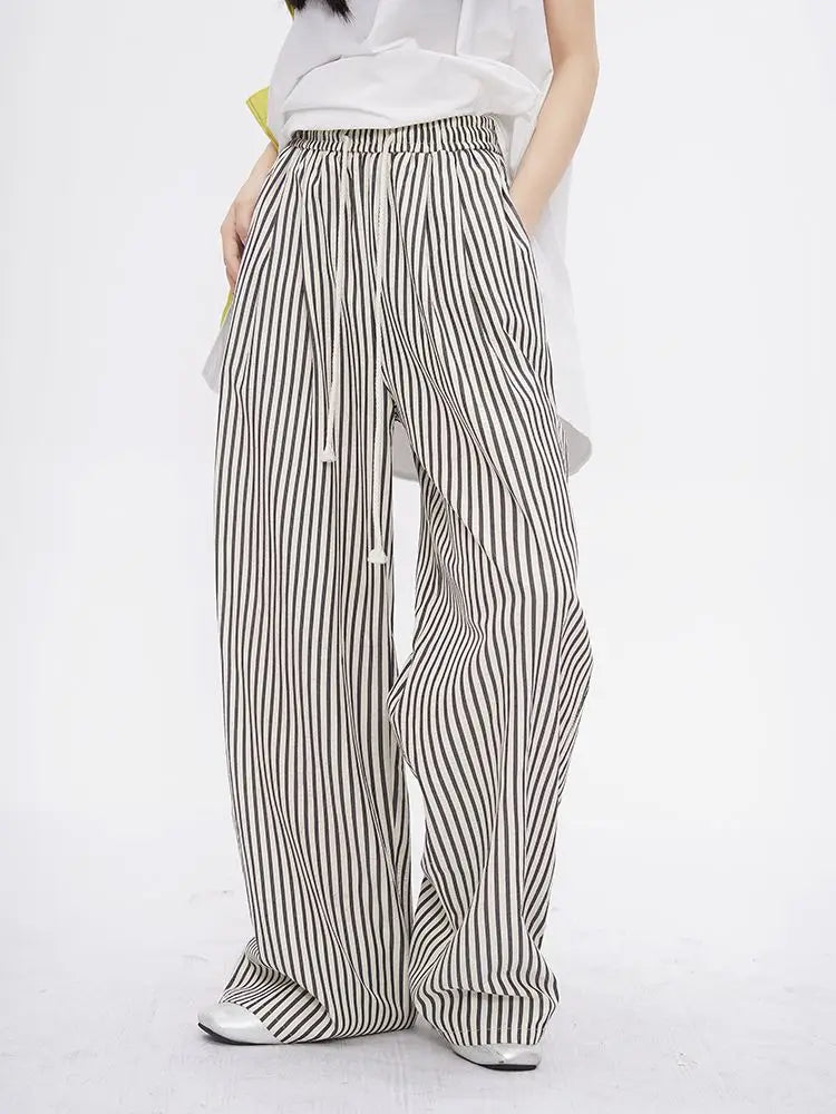 jinran  Casual Striped Wide Leg Pants Women Korean Fashion Summer Trousers Female Vintage Streetwear White Black Classic Pants