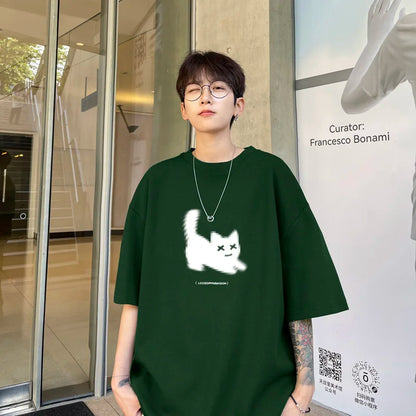 jinran Men's Oversized T-shirts Cotton T Shirt White for Men Casual Summer Wear Cat Anime Print Fashion Tee Shirts Men Clothing