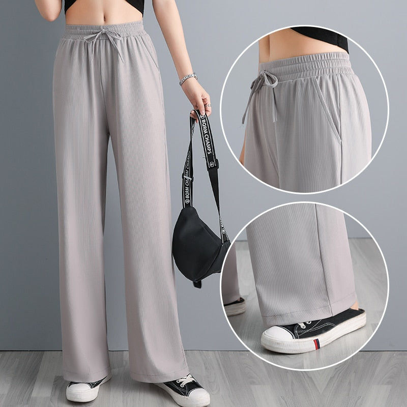 jinran Ice Silk Wide Leg Pants Women'S Spring High Waist Hanging Feeling Loose Summer Thin Casual Straight Tube Feeling Trouser