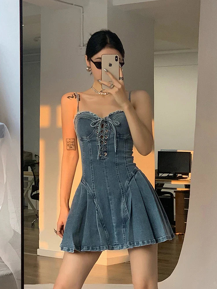jinran Women Denim Dress Hip Package Elastic Drawstring Lace Up Spaghetti Starp Mini Bodycon A-line Vestidos Sexy Streetwear Clothes