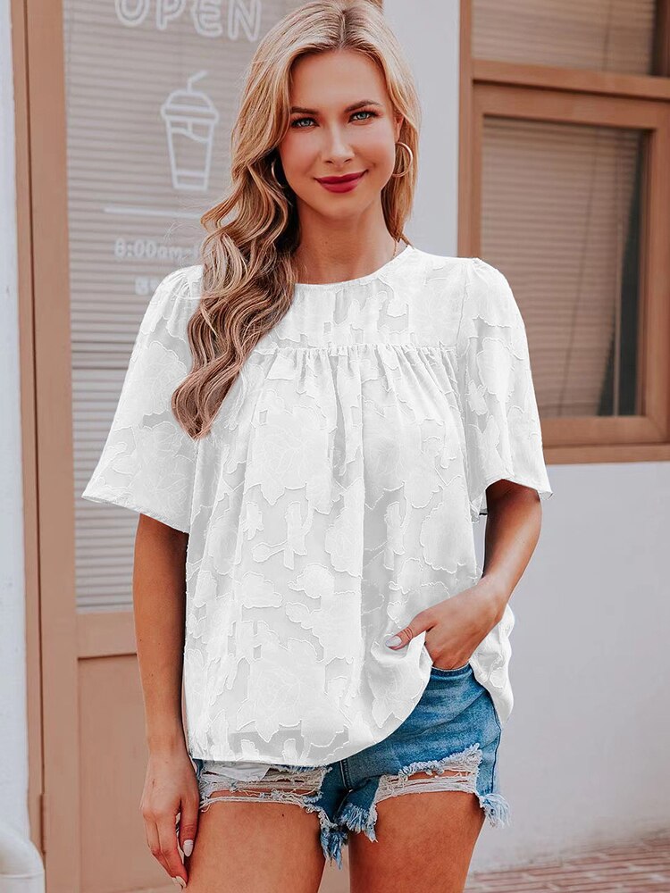 jinran Women Summer Short Sleeve Lace Jacquard Loose Blouse Elegant Solid Sweet Kawaii Shirts Korean Fashion Hollow Out Chiffon Tops