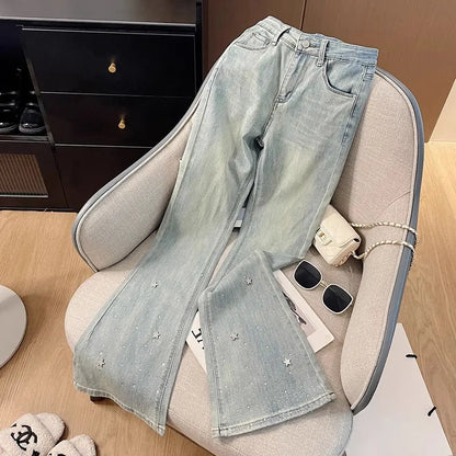 jinran Heavy-Duty Star Rhinestone Shiny Light Blue Jeans Women's Summer High Waist Slim Stretch Flared Pants