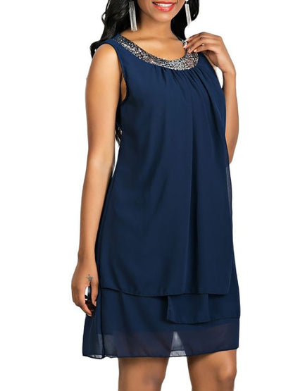 jinran Women's Shift Dress Knee Length Dress Sleeveless Solid Color Layered Spring & Summer Loose Size Hot Black Purple Navy Blue