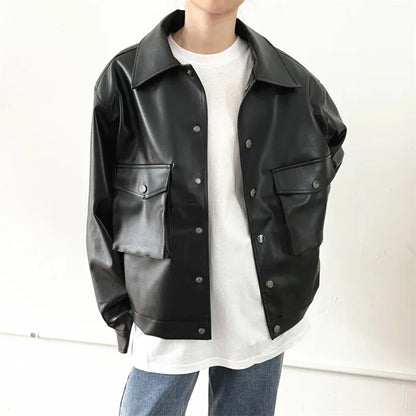 Black Short Leather Jacket Men Oversized Pocket Motorcycle Jackets Mens Streetwear Hip-hop Loose Bomber Jacket Men Korean Coat