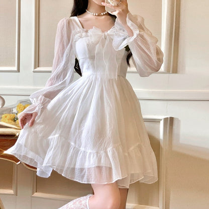 jinran French Sweet Fairy Lolita Dress Women Long Sleeve Lace Y2k Mini Dress Vintage Kawaii Clothes One Piece Dress Korean Summer