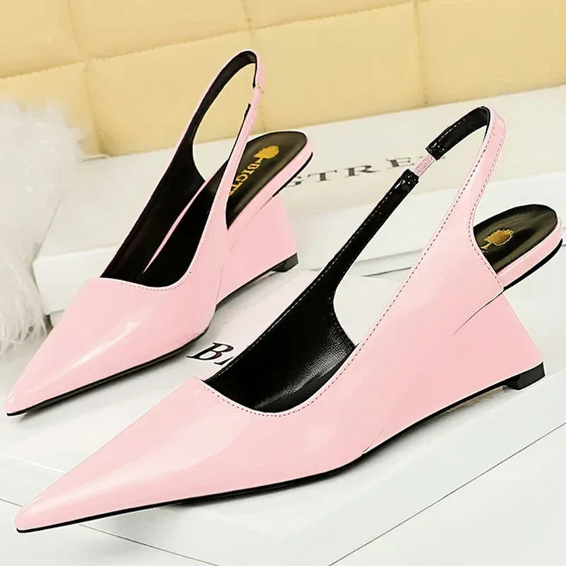 jinran 2024 Women 6.5cm High Heels Pumps Lady Pointed Toe Wedges Strange Middle Low Heels White Nude Pink Mules Patent Leather Shoes