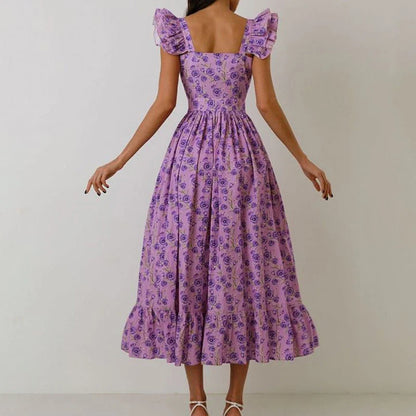jinran Women Sexy Square Collar Hem Boho Long Dress Spring Print Button A-Line Party Dress Summer Puff Sleeve Ruffle Holiday Maxi Dress