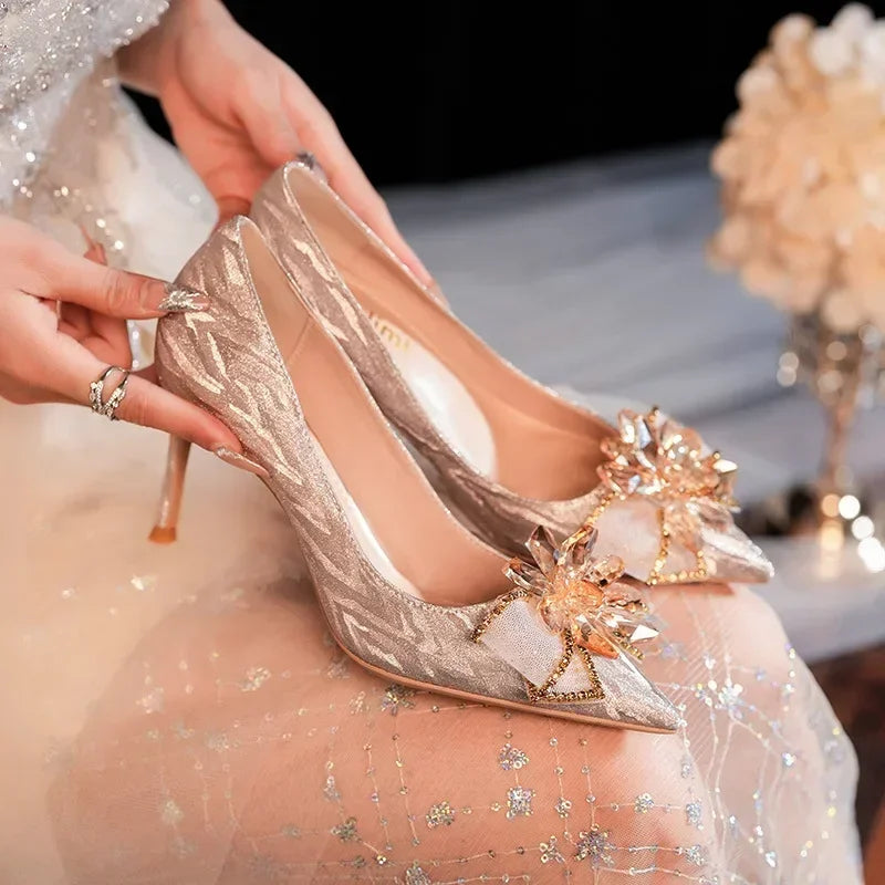 jinran New Wedding Shoes with Thin Heels and Pointed Western Crystal Bridal Shoes Cinderella Bridesmaids High Heels