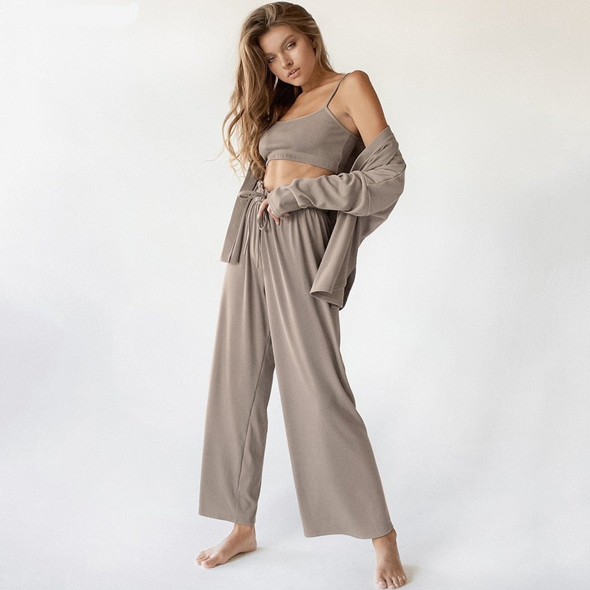 jinran Knitted Women's Nightwear 3 Piece Sets Casual Long Sleeve Pajamas Female Spaghetti Strap Crop Top Summer Trouser Suits