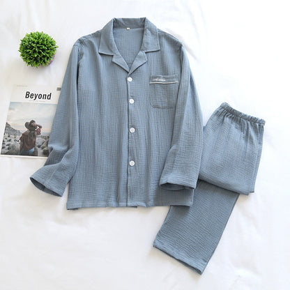 jinran New Spring And Autumn Pure Cotton Crepe Cloth Couple Soft Men Long-Sleeve Simple Home Service Women Two Piece Set