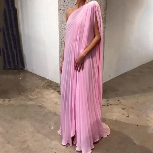 jinran Women Maxi Dress Trendy One Shoulder Solid Pink Irregular Pleated Batwing Sleeve Loose Evening Dresses High Streetwear