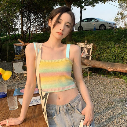 jinran Women Rainbow Striped Crop Tops Female Knitted Sleeveless Tank Tops Summer Camisoles Sweet Girls Casual Party Daily Club Vest