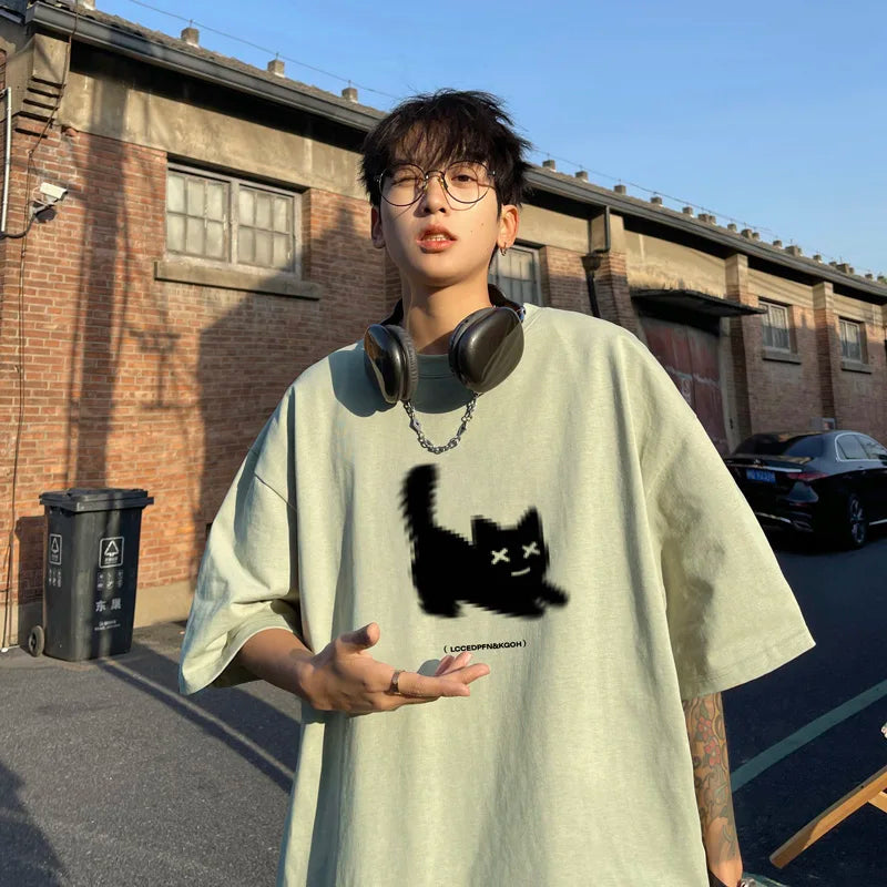 jinran Men's Oversized T-shirts Cotton T Shirt White for Men Casual Summer Wear Cat Anime Print Fashion Tee Shirts Men Clothing