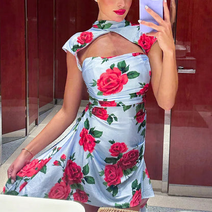 jinran Summer Floral Print Short Sleeve Sexy Mini Bodycon Dresses For Women Evening Party Club Elegant Blue Dress Vestidos
