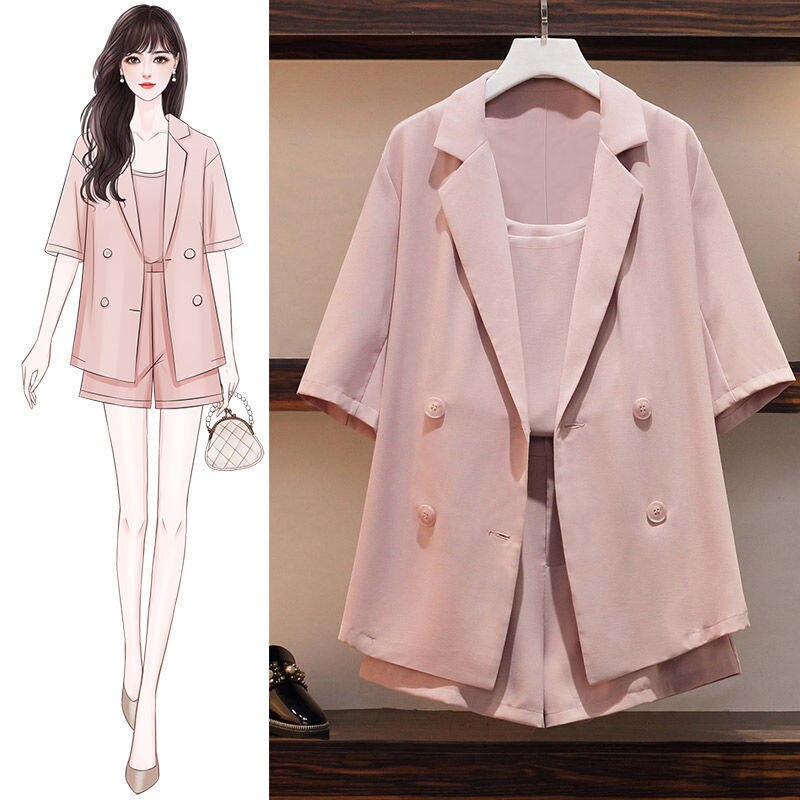 jinran M-6XL Women's 2022 Summer 3 Pcs Shorts Set Office Lady Graceful Pink Short Sleeve Suit Coat+Pants+Vest Sets New Clothing Female