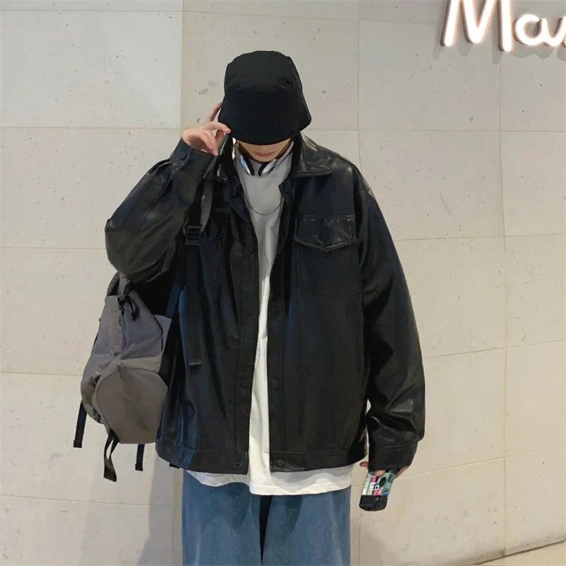 Black Faux Leather Jacket Men Autumn Mens Hip Hop Jacket PU Leather Male Oversize Streetwear Korean Trend Jackets Coats