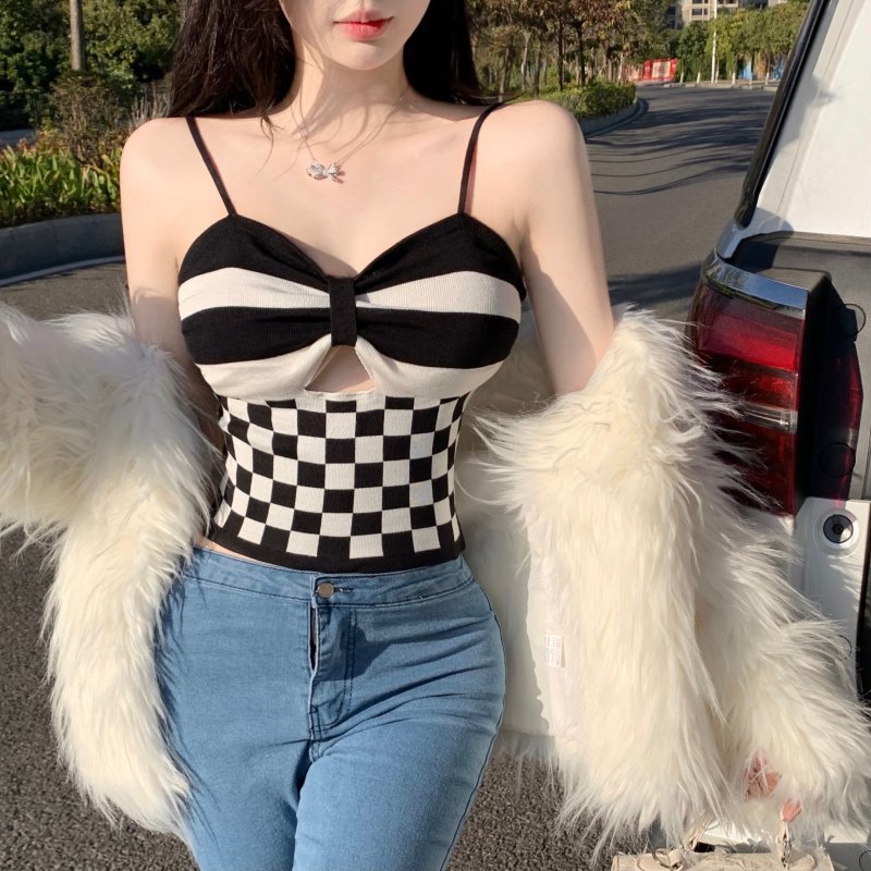 jinran Checkerboard Crop Top Women Sexy Hollowed Knitting Tank Top Bowknot Soft Comfortable Breathable Camisole 2022 New