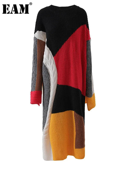 jinran Women Black Color-block Big Size Long Sweater Dress New Round Neck Long Sleeve Fashion Tide Spring Autumn 2024 CPDB101