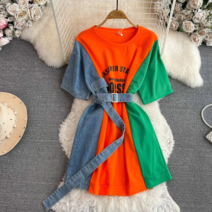 jinran Elegant Patchwork Denim Shirts Summer Women Vintage Casual Slim Blouses Tops with Belted Female New Fashion Pullover Clothes