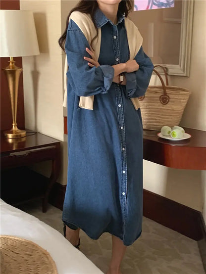 jinran Spring Summer Women Casual Denim Shirt Dress Loose Long Sleeve Cardigan Dress Korea Ladies Womens Denim Shirt Long Dresses