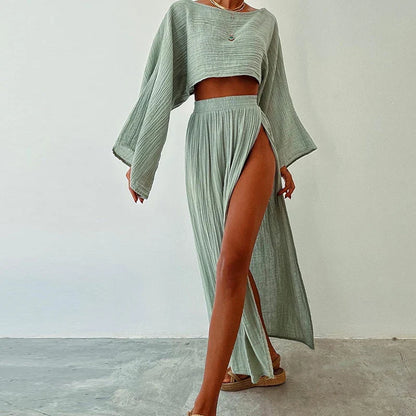 jinran Casual Solid Cotton Linen 2 Piece Sets Spring O Neck Crop Top High Waist Slit Women Skirt Outfit Summer Flare Sleeve Hollow Suit