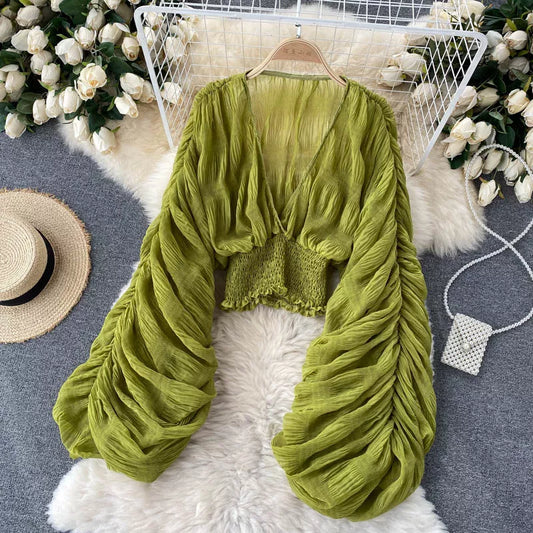jinran Women Sexy Chiffon Short Blouse Female See Through Super Long Sleeve Blusas Purple/Green/Black/White Folds Party Tops 2024 New