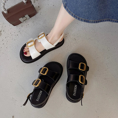 jinran Metal Pin Buckle Design Women's Sandals 2024 Summer Korean Fashion Casual Flat Sandals Simple Versatile Ladies Platform Sandals