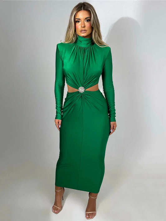 jinran Elegant Hollow Out Sexy Maxi Dress For Women Autumn Winter New Turtleneck Long Sleeve Bodycon Club Party Evening Dress