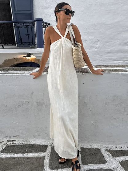 jinran Sexy White Off Shoulder Halter Pleated Maxi Dress For Women Fashion Sleeveless Loose Dresses 2024 Lady High Streetwear Vestidos