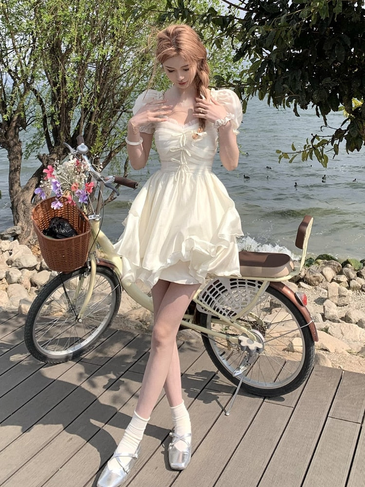 jinran Summer Chiffion Elegant Midi Dress Women Kawaii Clothing Short Sleeve Beach Style Party Dress Office Lady Korean Fashion