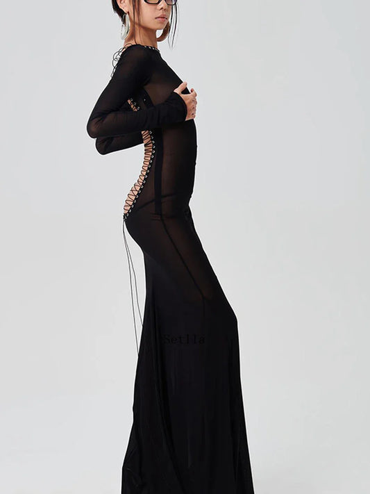 jinran Women See Through Bodycon Long Dress Long Sleeve Mesh Sheer Maxi Dress Cross Tie Up Backless Club Party Dress Maxi Dress