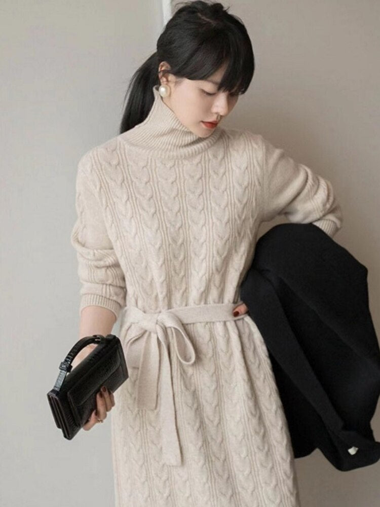 jinran Women Clothing Fashion Turtleneck Knitted Dress 2022 Autumn Winter New Lace-up Waist Sweater Skirt Korean Clothes Women Dresses