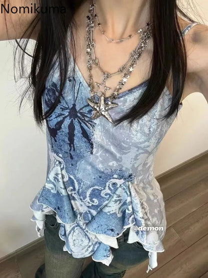 jinran Sexy Crop Tops Women's Clothing Fashion Summer Vest Floral Ruffles Tunic Backless Camis Korean Irregular Y2k Tanks Ropa Mujer
