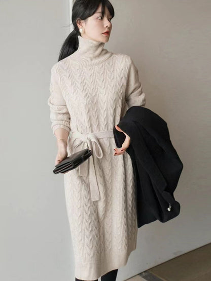 jinran Women Clothing Fashion Turtleneck Knitted Dress 2022 Autumn Winter New Lace-up Waist Sweater Skirt Korean Clothes Women Dresses