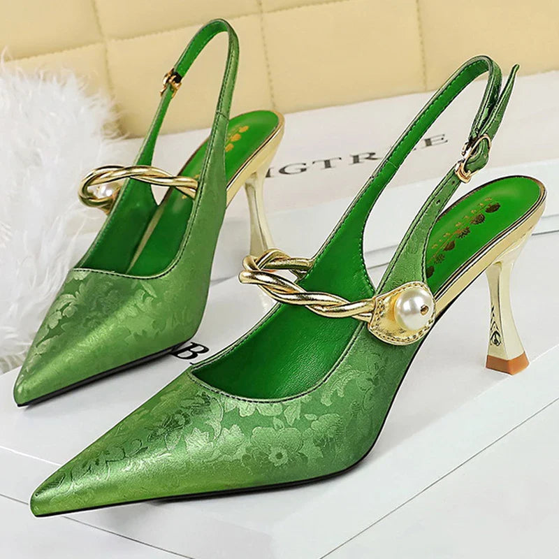 jinran 2024 New Ethnic Style Women Pumps Silks Satins High Heels Pointed Hollow Women Sandals Metal Heel Kitten Heels Sexy Party Shoes