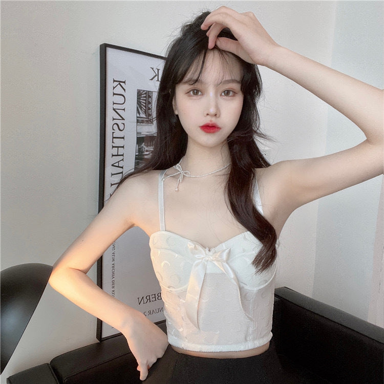 jinran Sexy Crop Top Women Crescent Moon Decorate Tank Top Bowknot Fixed Cup Padded Push Up Seamless Camisole Summer 2022 New