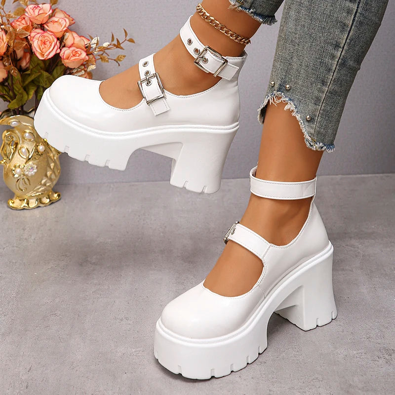 jinran  White Y2K High Heels Pumps Women 2024 Spring Chunky Platform Mary Jane Shoes Woman Plus Size Thick Heel Gothic Shoes 42