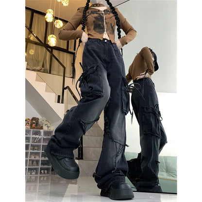 jinran Women's Black Gothic Baggy Sense of Design Cargo Jeans Harajuku Y2k Aesthetic Jeans Pants Vintage Clothes Hip Hop Denim Trousers