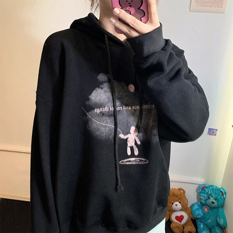 jinran Harajuku New Black Baggy Pullover Fashion Fleece Thicken Letter Printing Sweatshirt Casual Lazy Raglan Sleeves Drawstring Hoodie