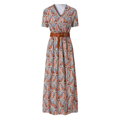 jinran Women Long Chiffon Dress Retro Elegance Short Sleeve A-Line Maxi Dresses Holiday Beach Casual Robe Flower Print Vestido