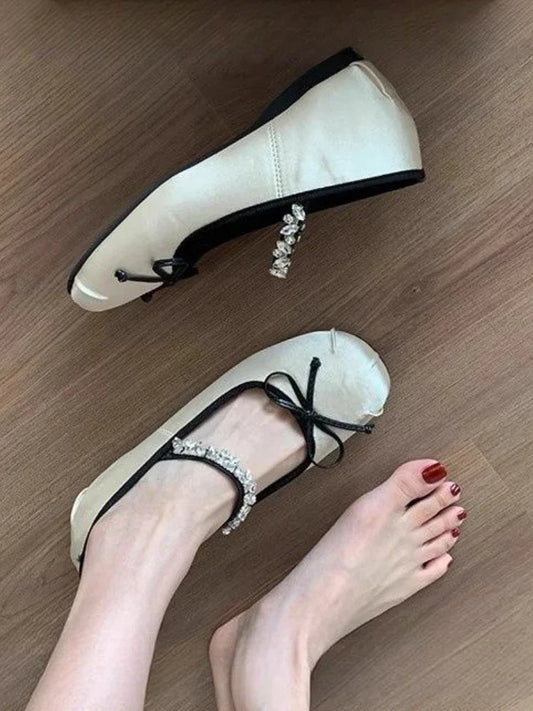 jinran French Heightening Elegant Ballet Shoes Women 2024 New Flat Bow Rhinestone Mary Jane Shoes Female Sweet Style Round-toe Shoes