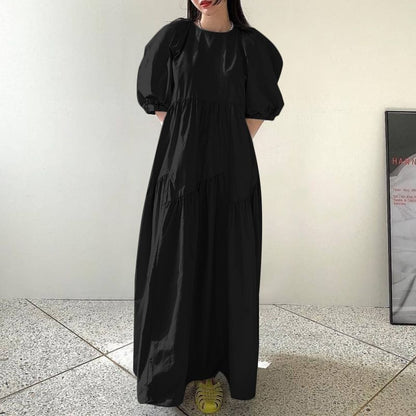 jinran 2022 Summer Half Puff Sleeve Sundress Women Casual O Neck Smocking Vestidos ZANZEA Vintage Loose Solid Kaftan Oversize Club Robe