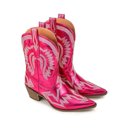 jinran 2024 Women's Vintage Western Embroidered Denim Sleeve Boots European and American Simple Thick Heel Pointed Knight Boots