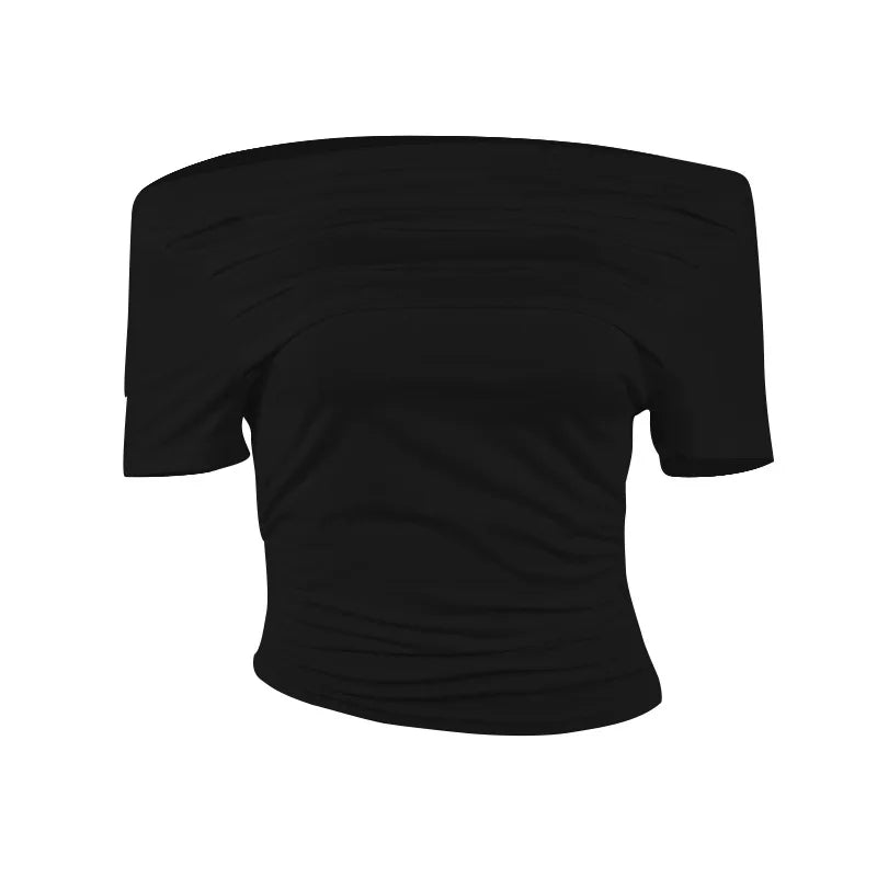 jinran Sexy T-shirts Women Summer New Fashion Black Short Sleeve Slash Neck Folds Crop Top Casual Streetwear Bodycon Solid T-shirts