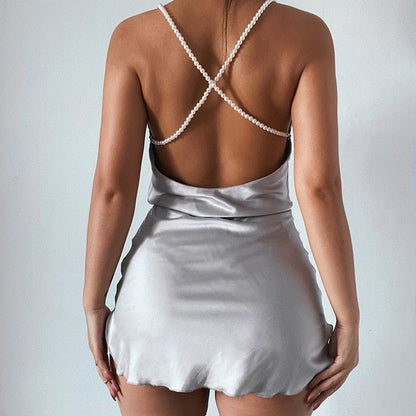 jinran Silk Strap Mini Dresses Backless Solid Color Criss Front Pearl Sexy Summer Sexy Party Sleeveless Dresses Clubwear 2021