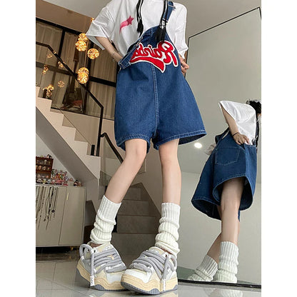 jinran Women Streetwear Kawaii Denim Shorts Overalls Lady Fashion Embroidery Oversize Wide Leg Jeans Female Y2k Clothes Deep Blue Pants