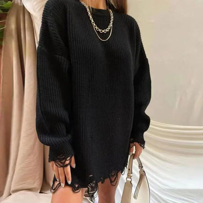 jinran Women Ripped Hole Knit Dress Autumn Winter Long Sleeve Mini Sweater Dresses Casual Loose Oversize Knitted Short Dresses