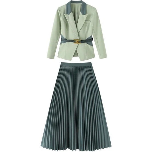 jinran 2022 Spring New Women's Two Pieces Suit Set Office Lady French Graceful Coats+Pleated Skirts Sets with Waistband Green Clothing